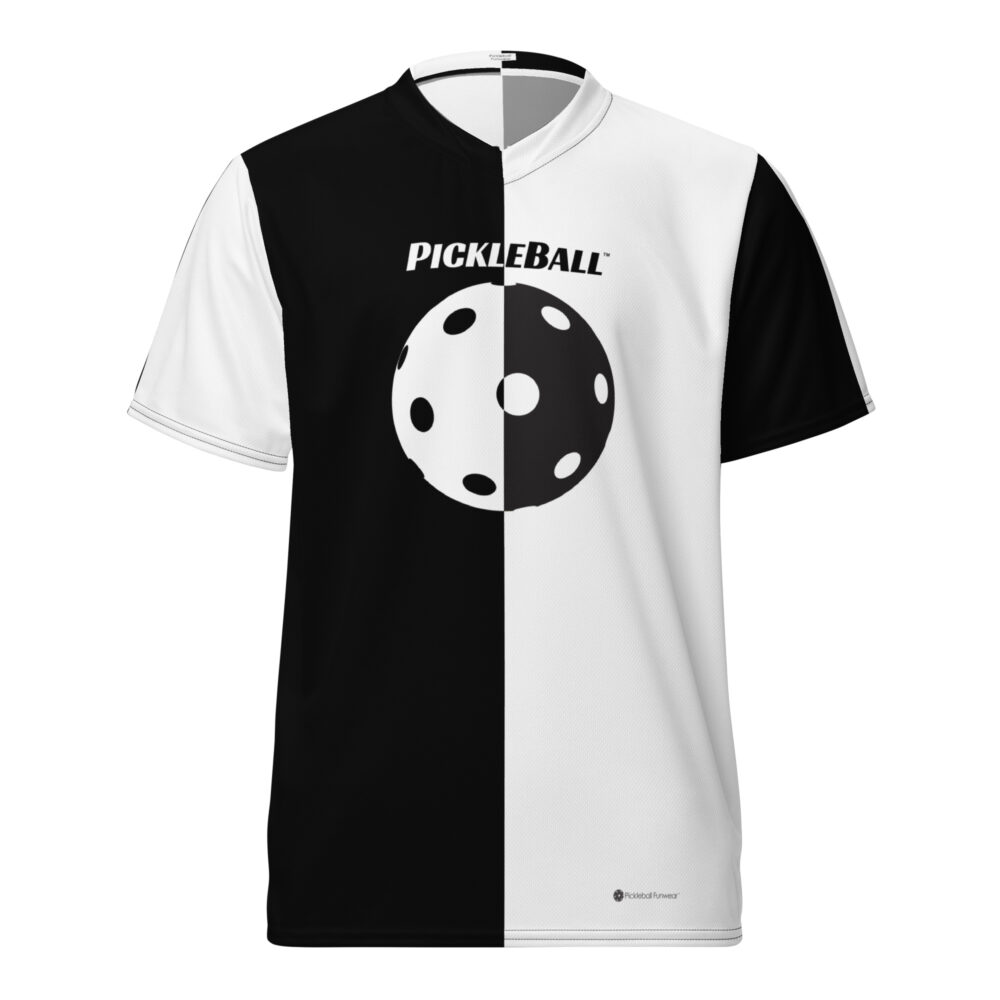 Pickleball w/Split Ball Design (B&W) – Pickleball Unisex Sports Jersey / T-Shirt