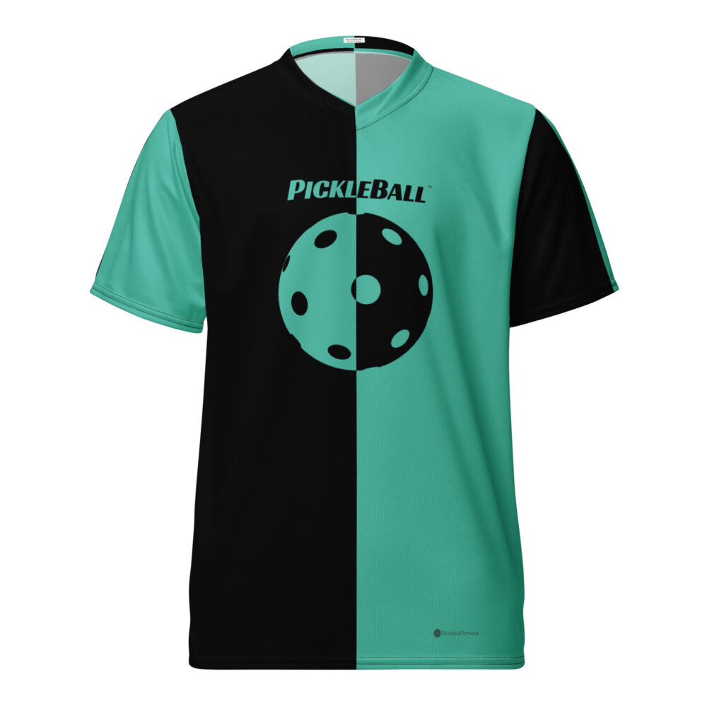 Pickleball w/Split Ball Design (black & teal) – Pickleball Unisex Sports Jersey / T-Shirt