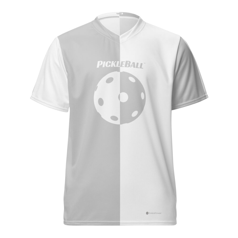 Pickleball w/Split Ball Design (light gray & white) – Pickleball Unisex Sports Jersey / T-Shirt