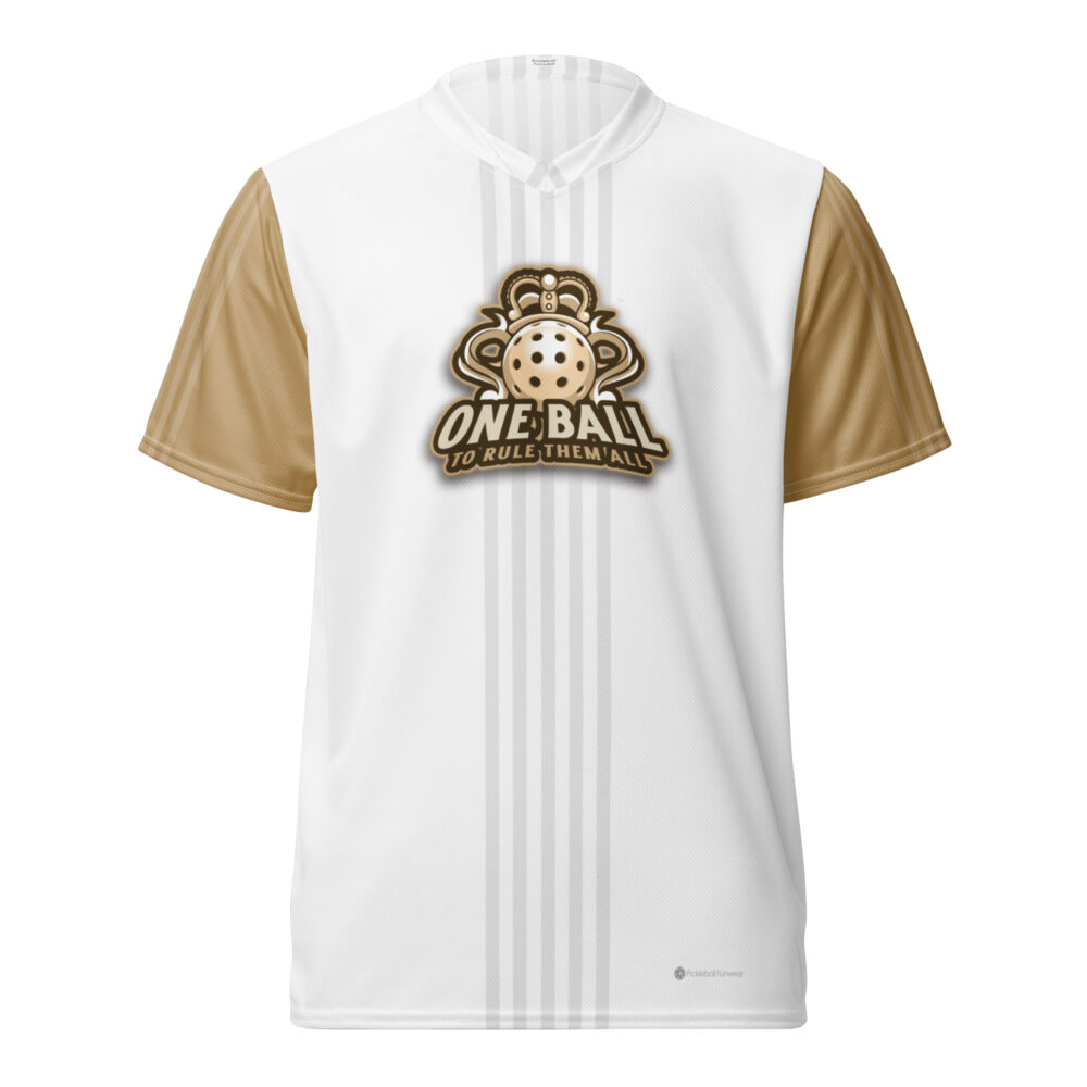 One Ball to Rule Them All (white & gold sleeves) – Pickleball Unisex Sports Jersey / T-Shirt