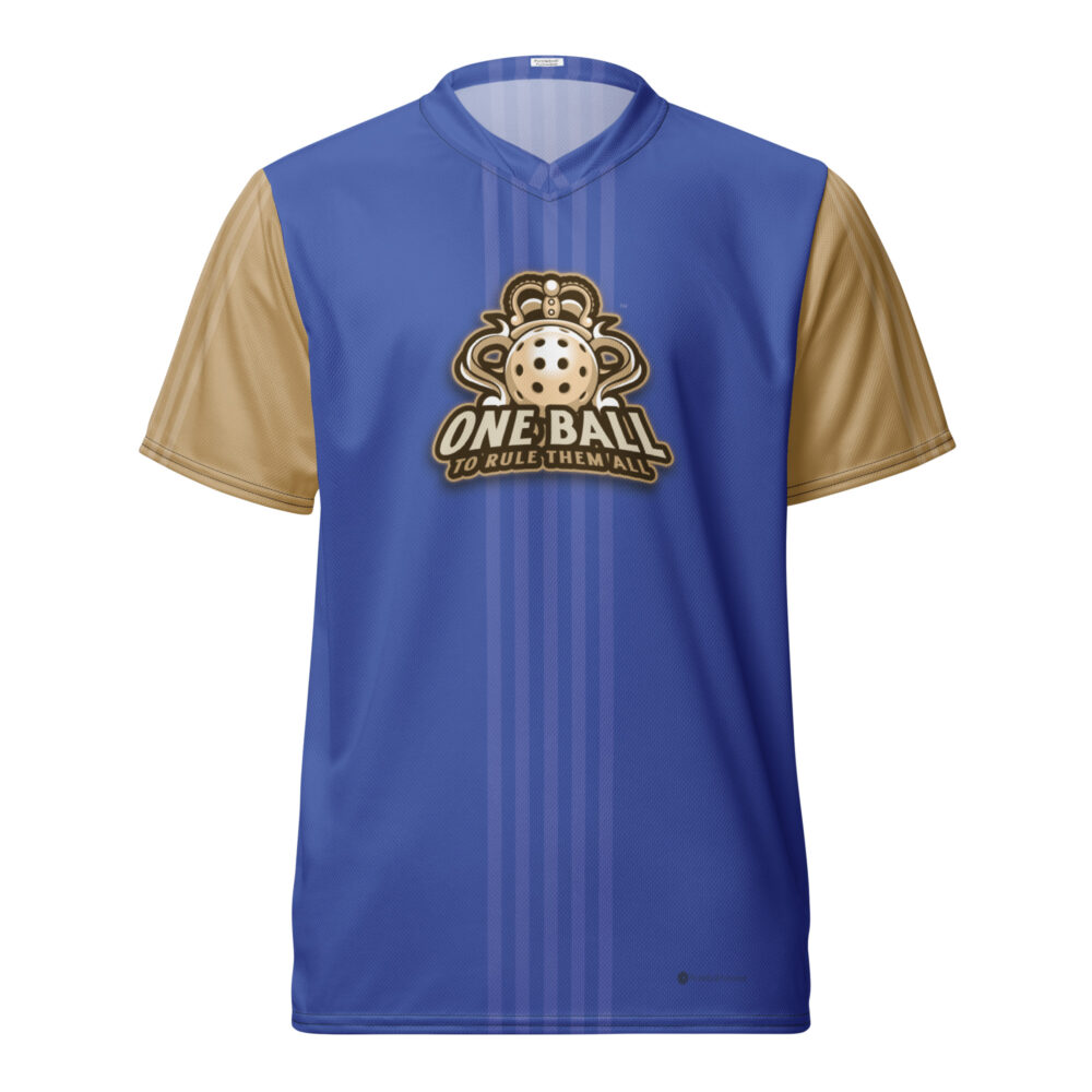 One Ball to Rule Them All (royal blue & gold sleeves) – Pickleball Unisex Sports Jersey / T-Shirt