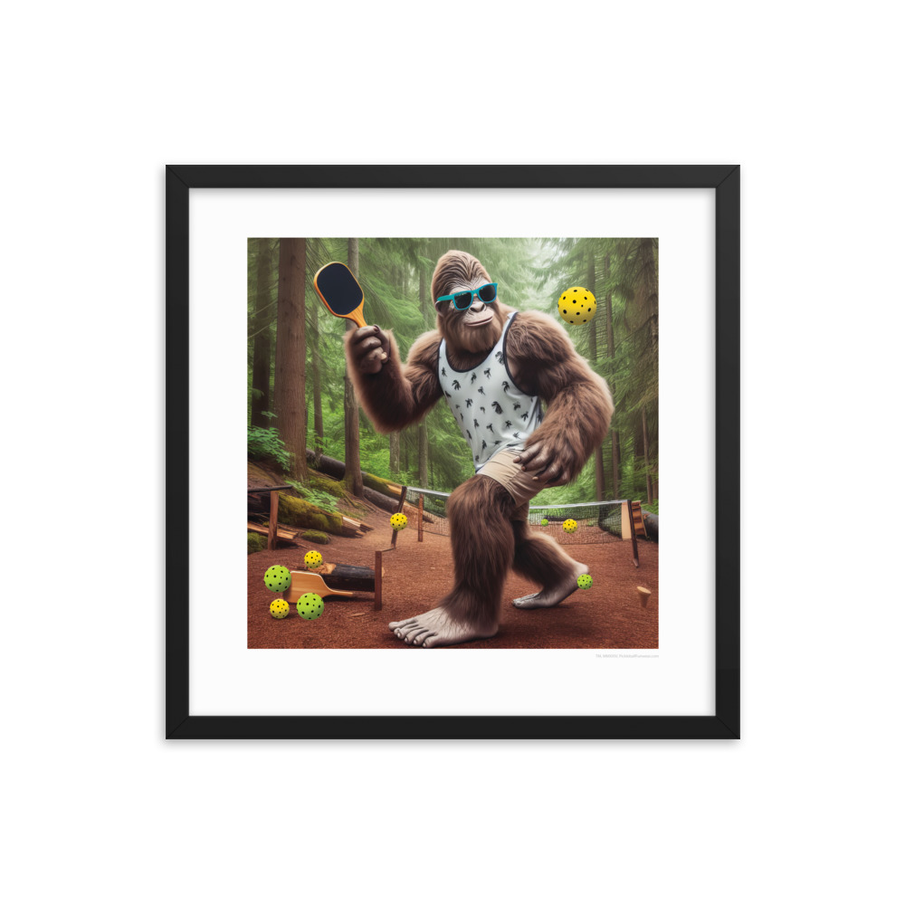 Cool Big Foot Swinging Pickleball Paddle – Framed 18″ x 18″ Poster