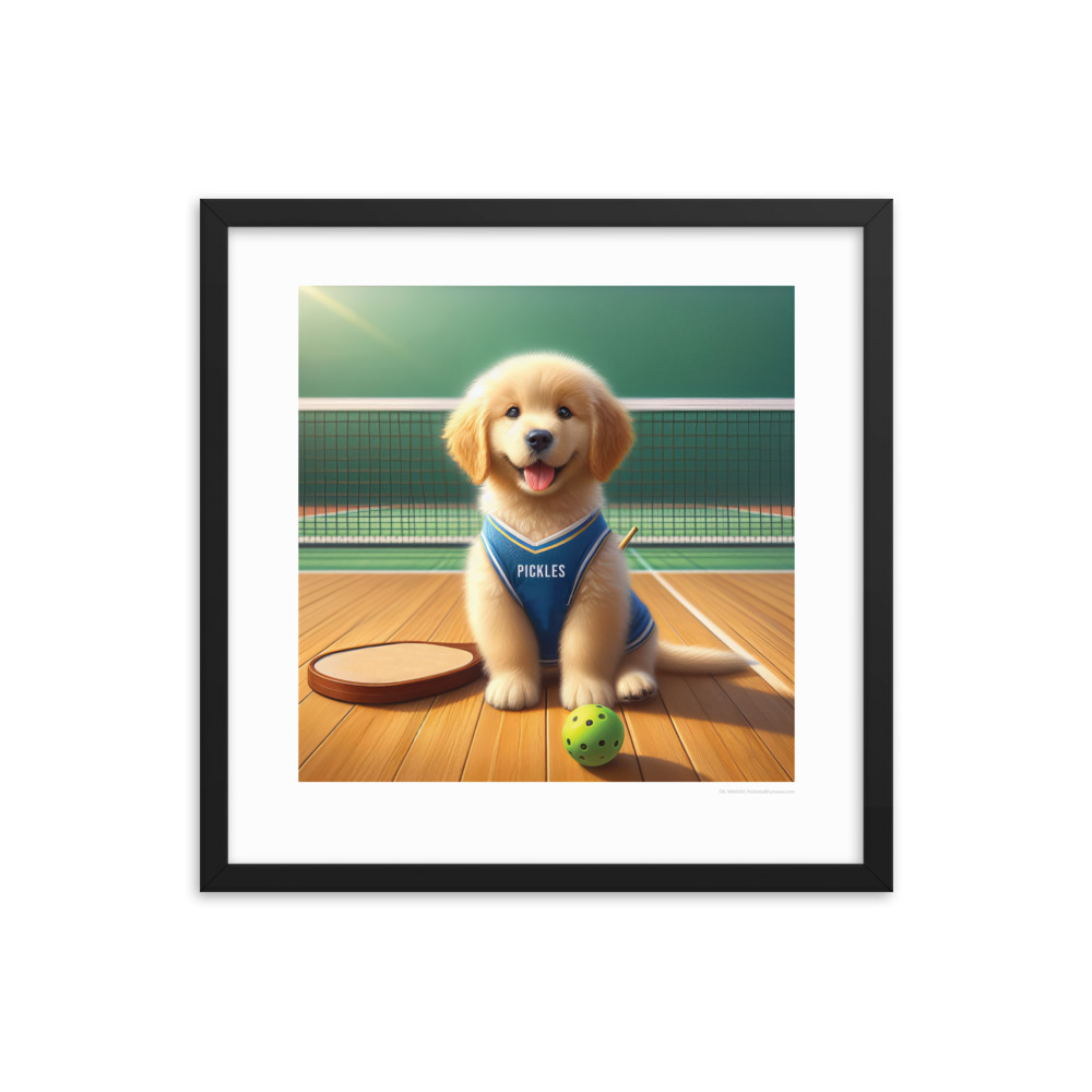 Pickles the Dog - 18" x 18" Pickleball Framed Poster