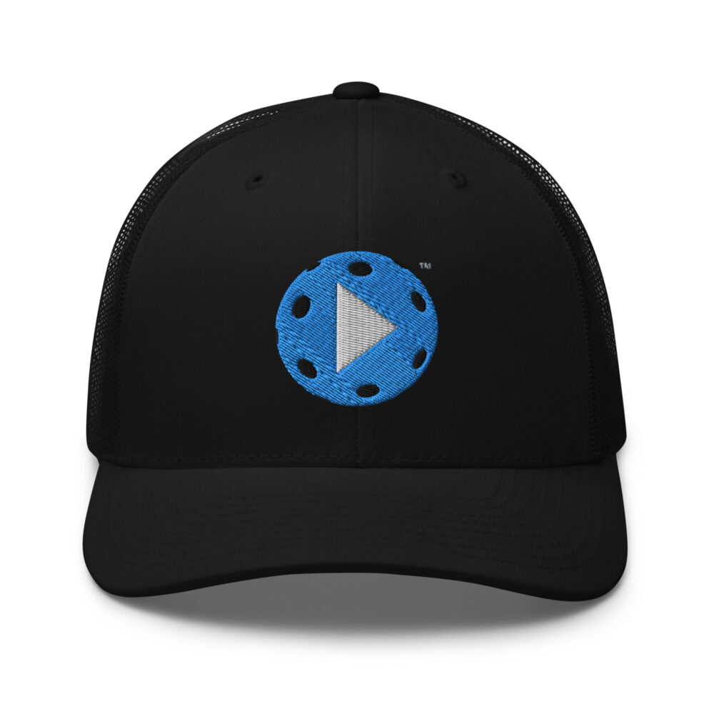 Play Pickleball (bright blue & white logo) – Black Snap Back Mesh Pickleball Hat/Cap