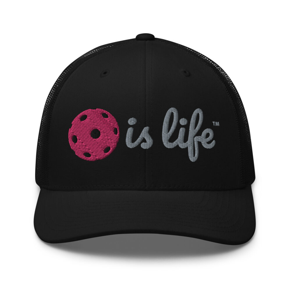 Pickleball is Life (flamingo & gray logo) – Black Snap Back Mesh Pickleball Hat/Cap