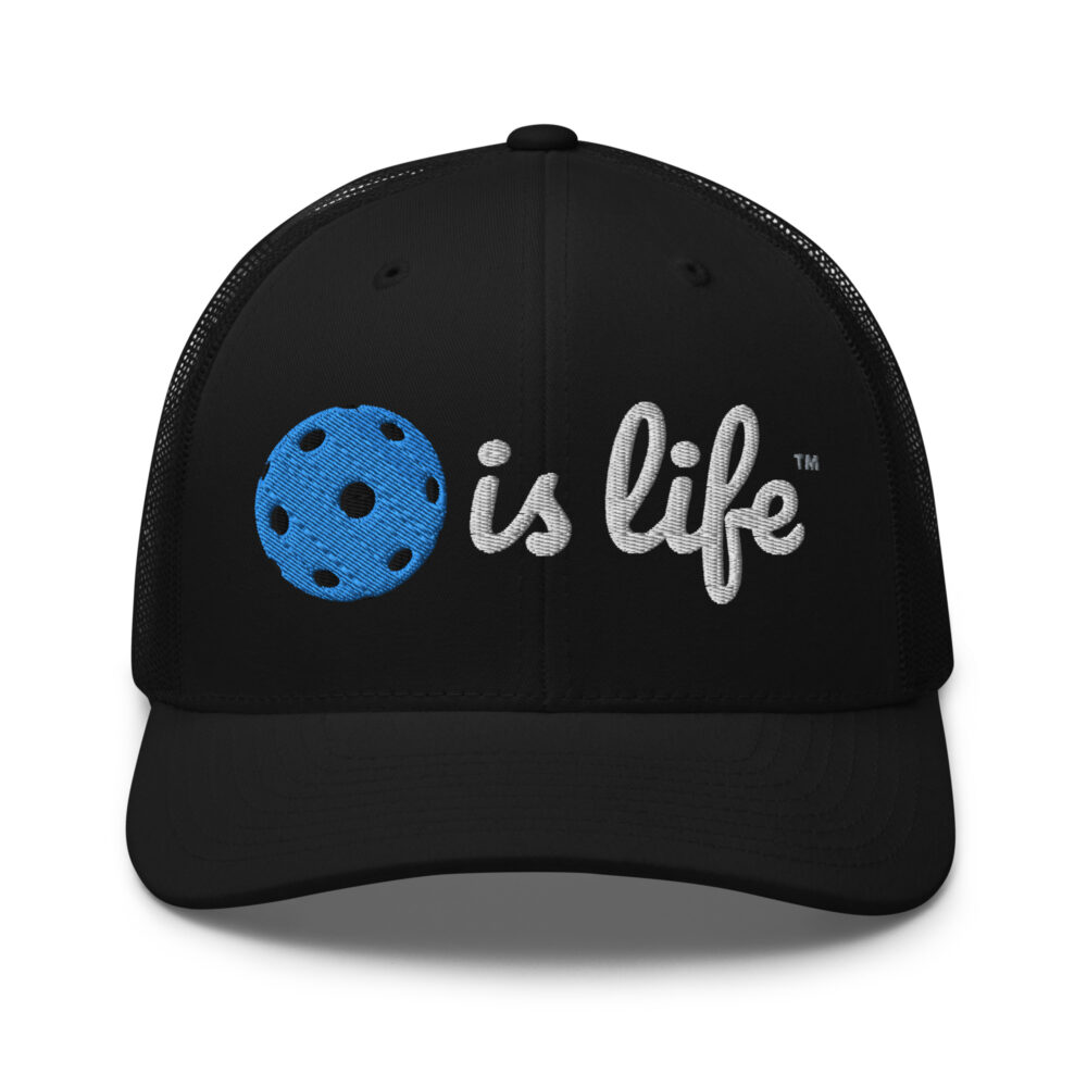Pickleball is Life (bright blue & white logo) – Black Snap Back Mesh Pickleball Hat/Cap