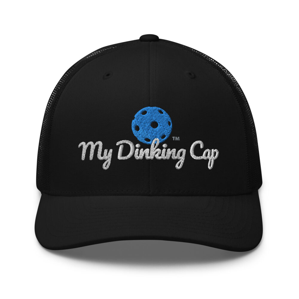 My Dinking Cap (bright blue & white logo) – Black Snap Back Mesh Pickleball Hat/Cap