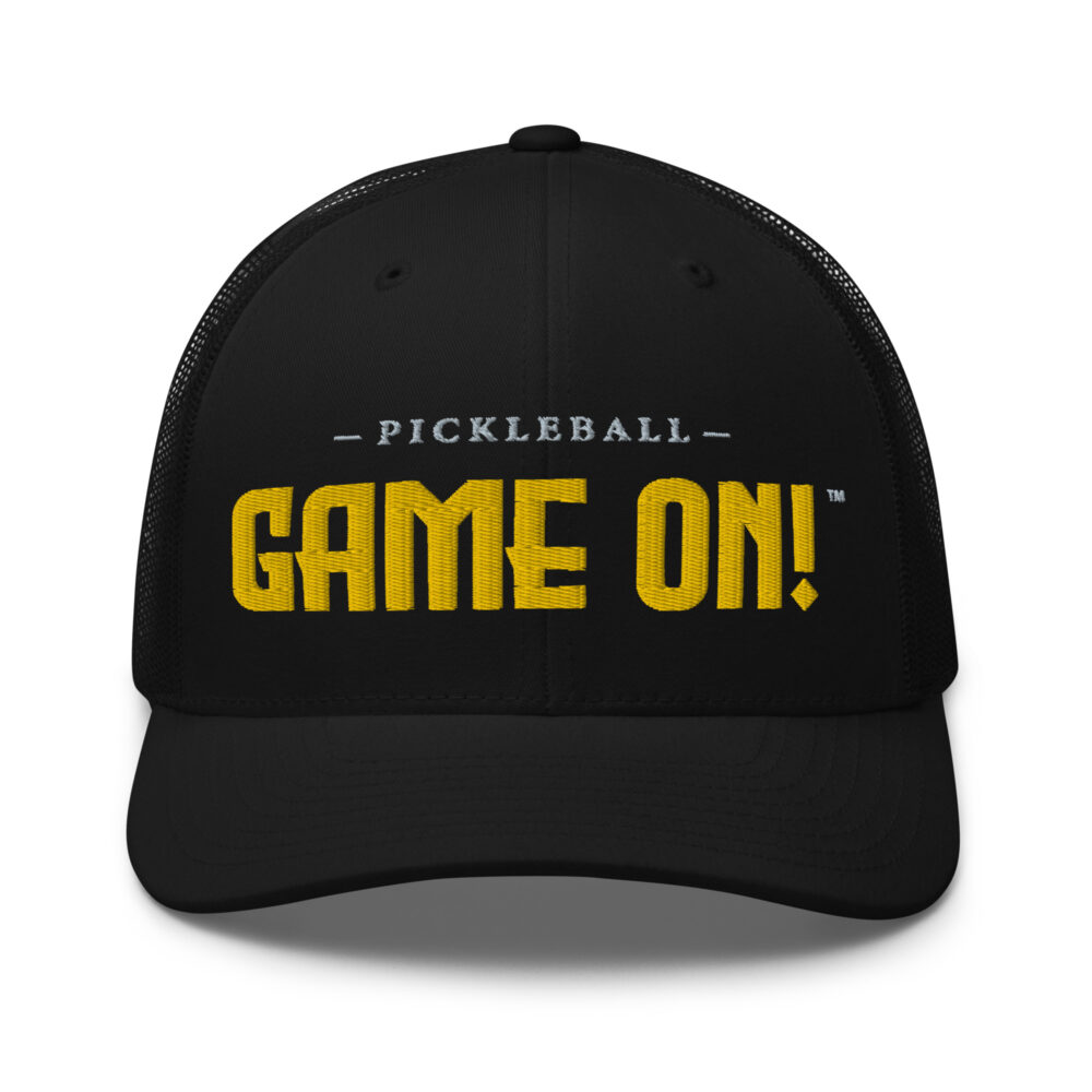 GAME On! Pickleball Hat (gold & gray letters) – Black Snap Back Mesh Pickleball Hat/Cap