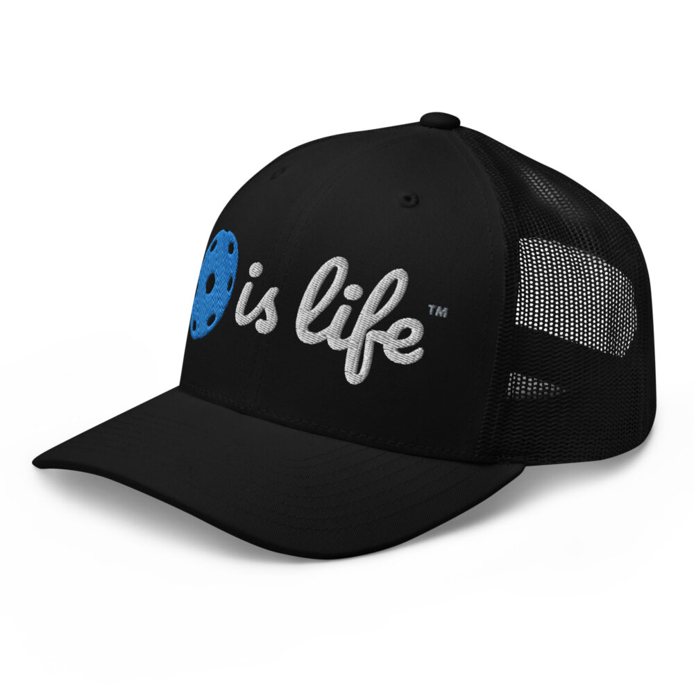 Pickleball is Life (bright blue & white logo) – Black Snap Back Mesh Pickleball Hat/Cap - Image 3