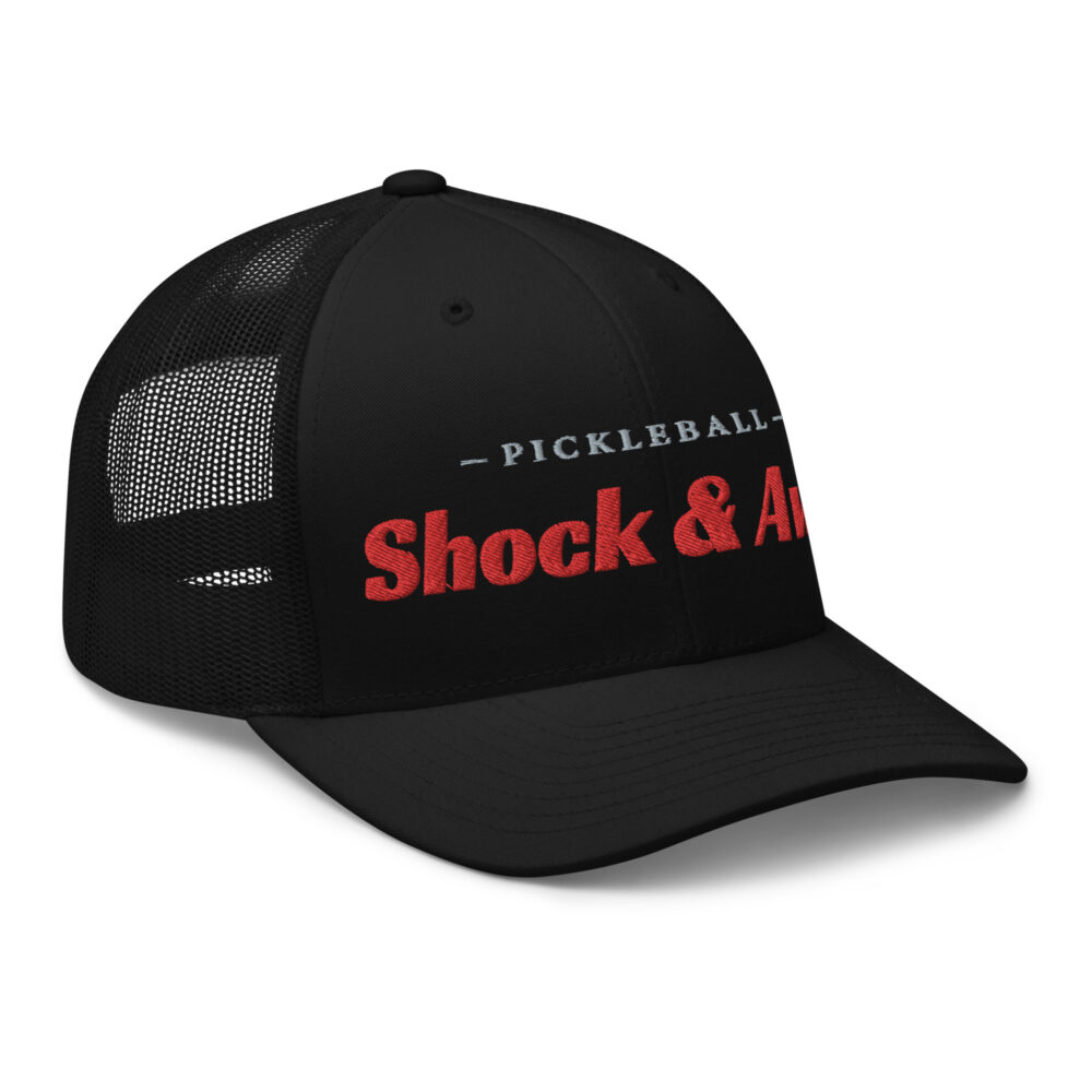 Shock & Awe Pickleball Hat (red & gray letters) – Black Snap Back Mesh Pickleball Hat/Cap - Image 3