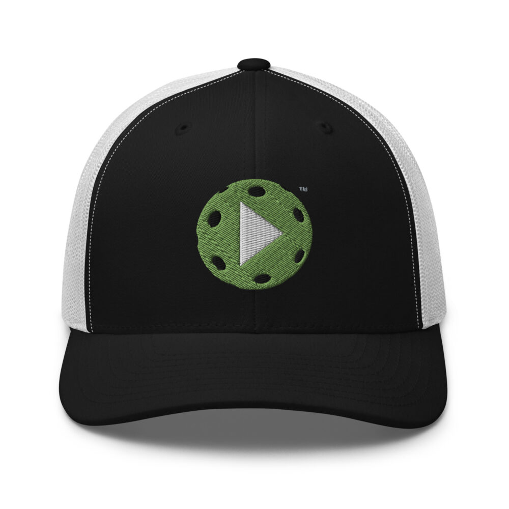 Play Pickleball (kiwi green & white logo) – Black/White Snap Back Mesh Pickleball Hat/Cap