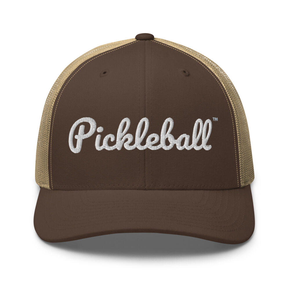 Pickleball Hat (white letters) – Brown/Khaki Snap Back Mesh Pickleball Hat/Cap