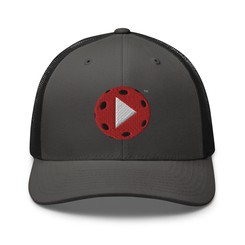 Play Pickleball (red & white logo) – Charcoal/Black Snap Back Mesh Pickleball Hat/Cap