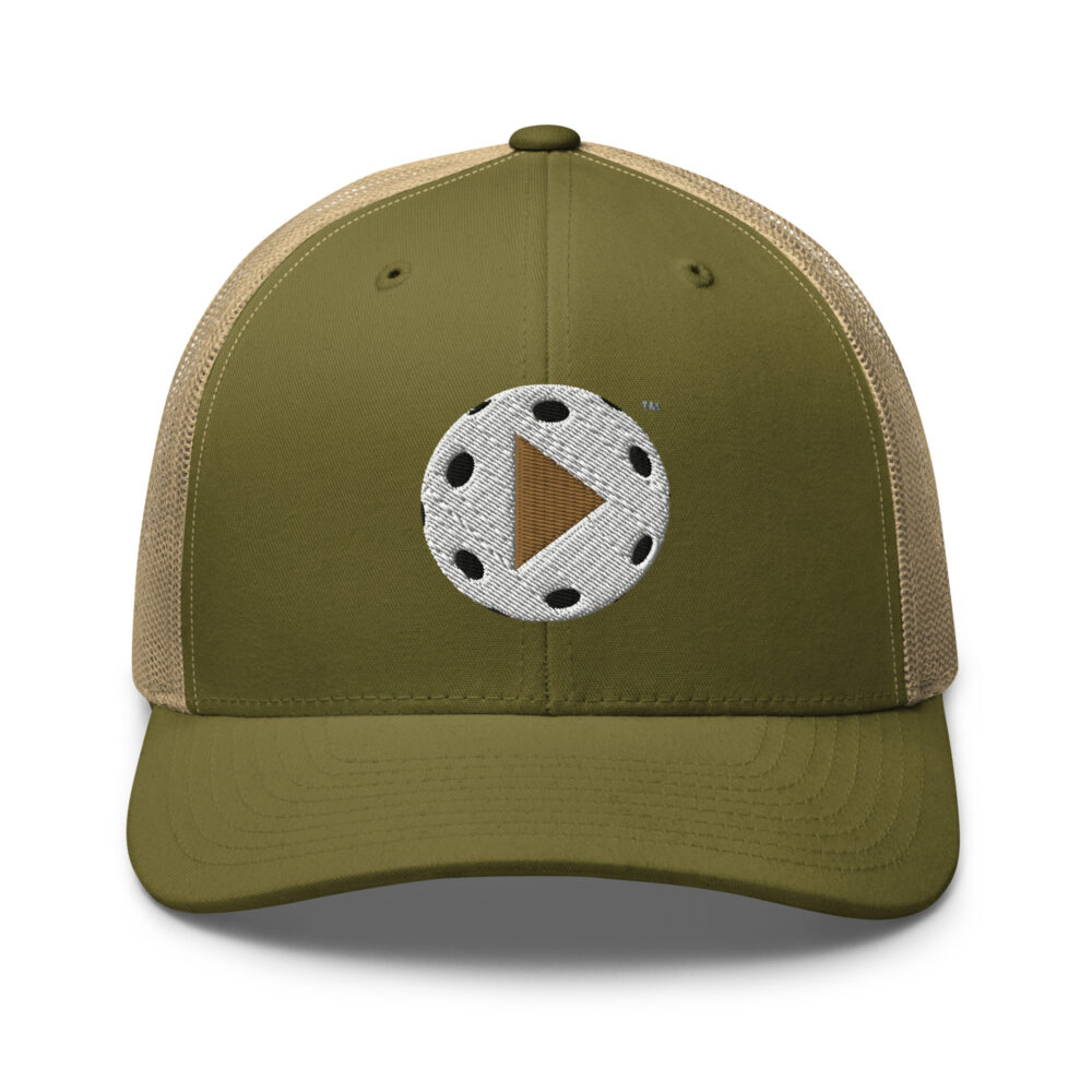 Play Pickleball (white & old gold logo) – Moss/Khaki Snap Back Mesh Pickleball Hat/Cap