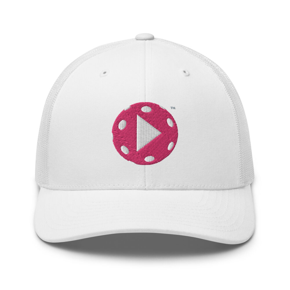 Play Pickleball (flamingo & white logo) – White Snap Back Mesh Pickleball Hat/Cap