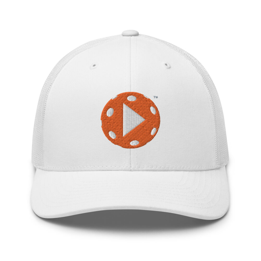 Play Pickleball (orange & white logo) – White Snap Back Mesh Pickleball Hat/Cap