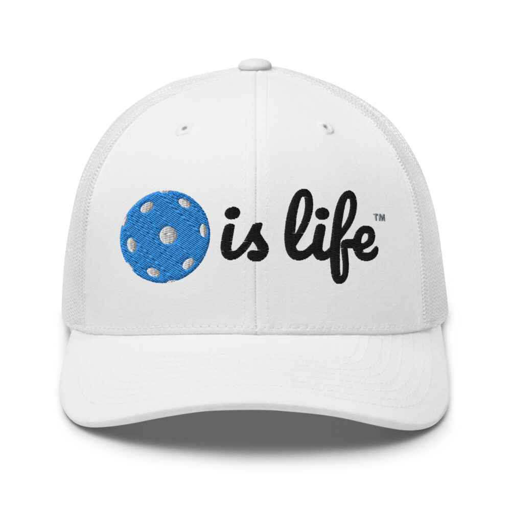 Pickleball is Life (bright blue & black logo) – White Snap Back Mesh Pickleball Hat/Cap