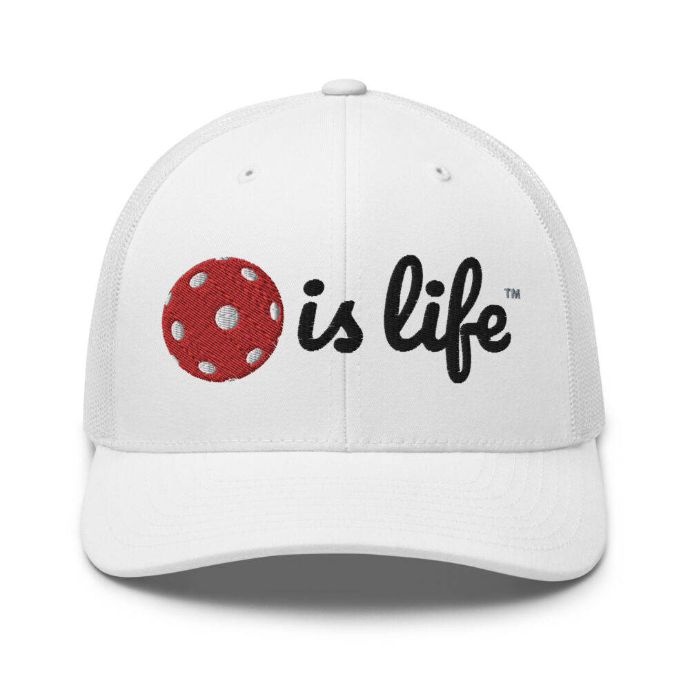 Pickleball is Life (red & black logo) – White Snap Back Mesh Pickleball Hat/Cap
