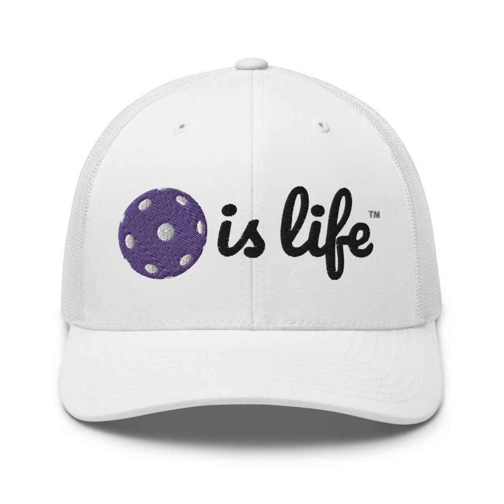 Pickleball is Life (purple & black logo) – White Snap Back Mesh Pickleball Hat/Cap