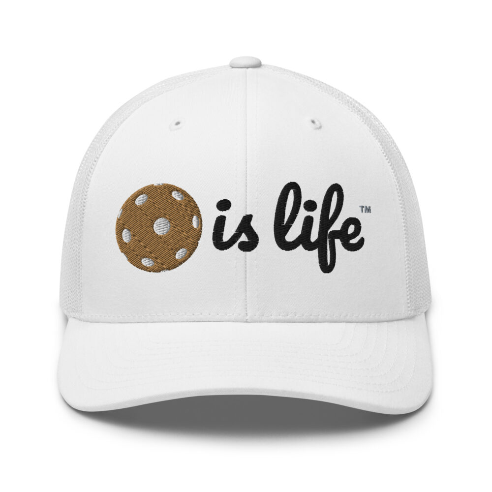 Pickleball is Life (old gold & black logo) – White Snap Back Mesh Pickleball Hat/Cap