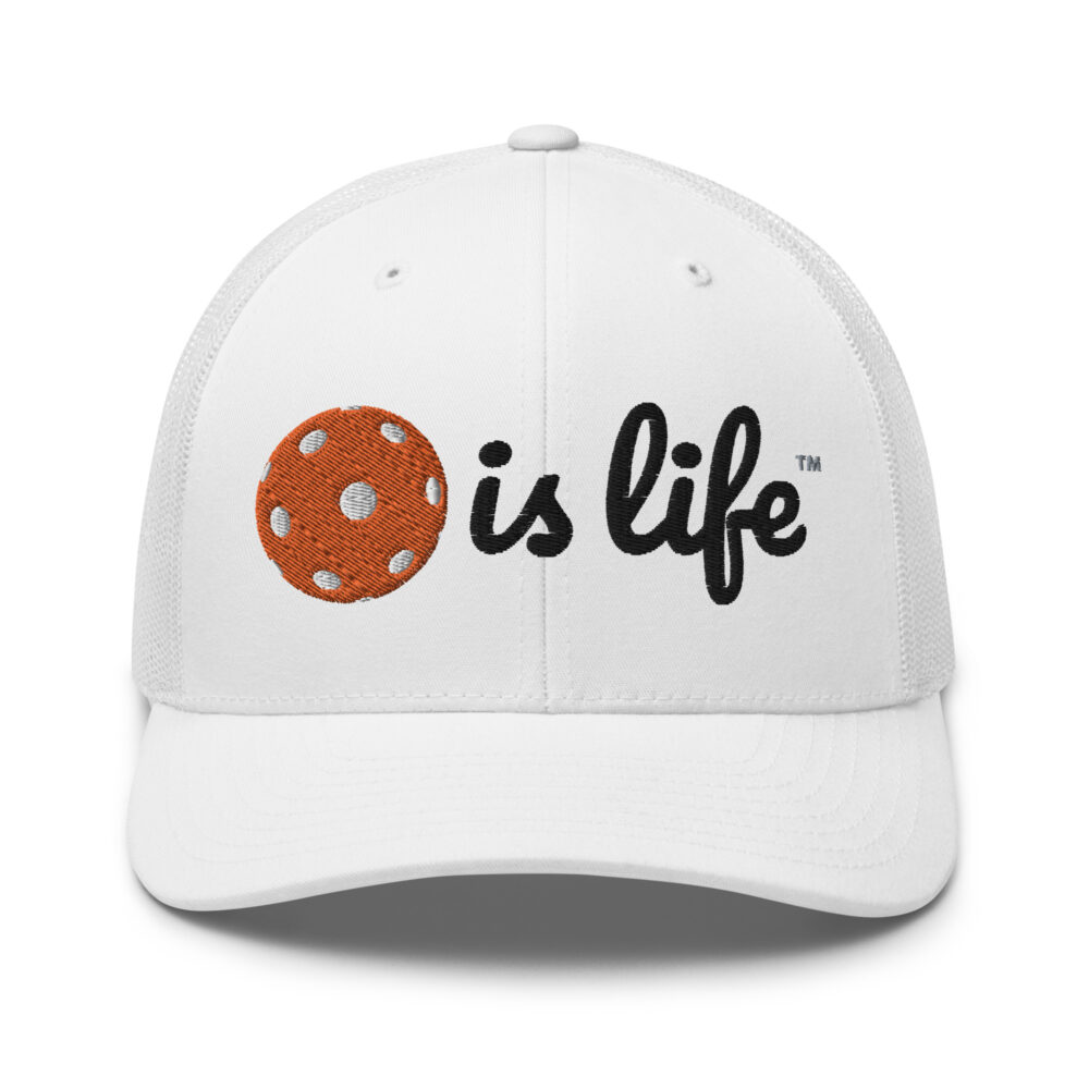 Pickleball is Life (orange & black logo) – White Snap Back Mesh Pickleball Hat/Cap