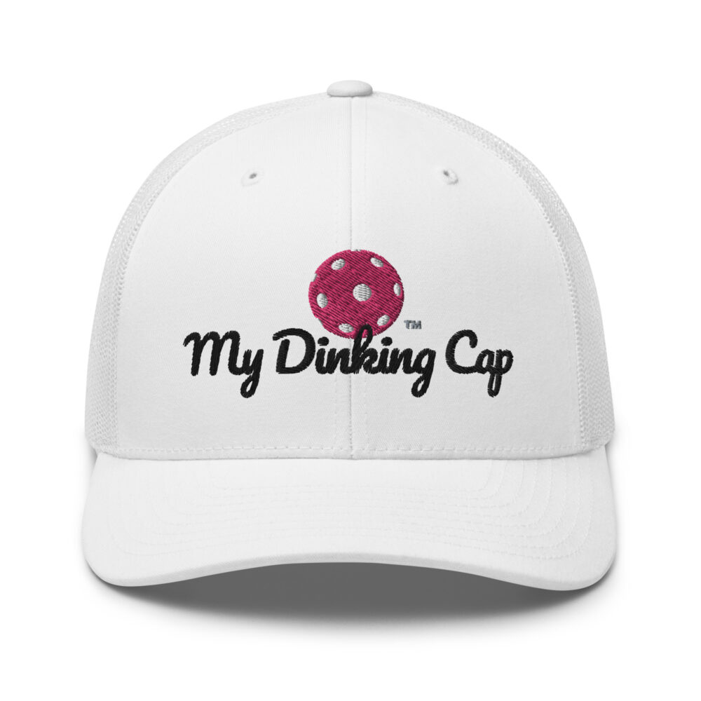 My Dinking Cap (flamingo & black logo) – White Snap Back Mesh Pickleball Hat/Cap