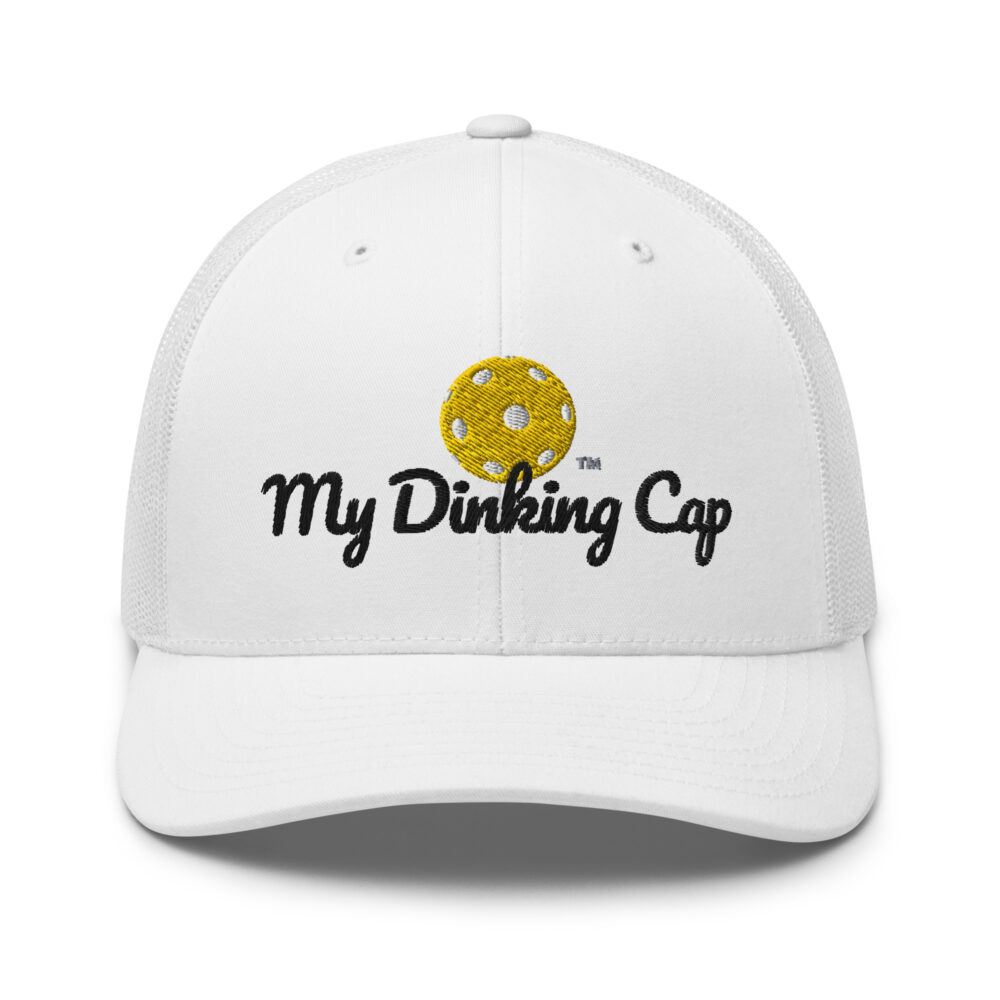 My Dinking Cap (gold & black logo) – White Snap Back Mesh Pickleball Hat/Cap