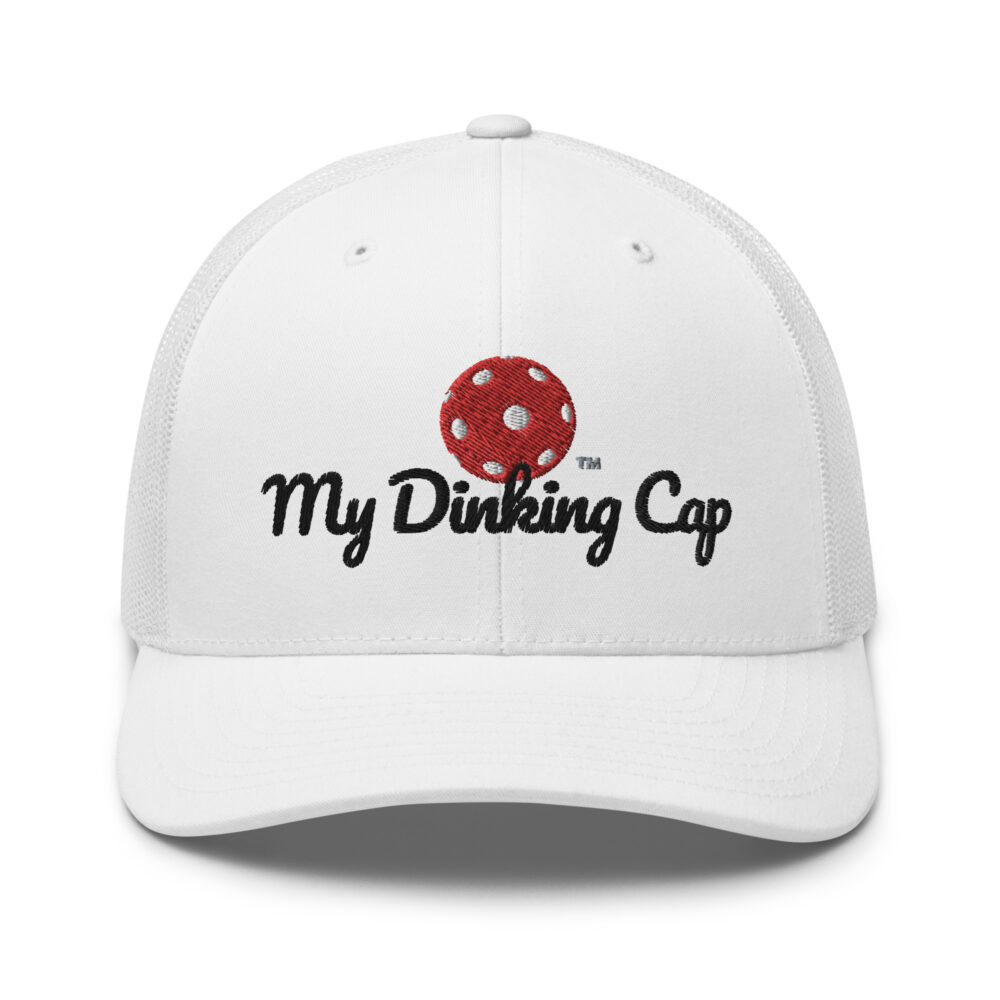 My Dinking Cap (red & black logo) – White Snap Back Mesh Pickleball Hat/Cap