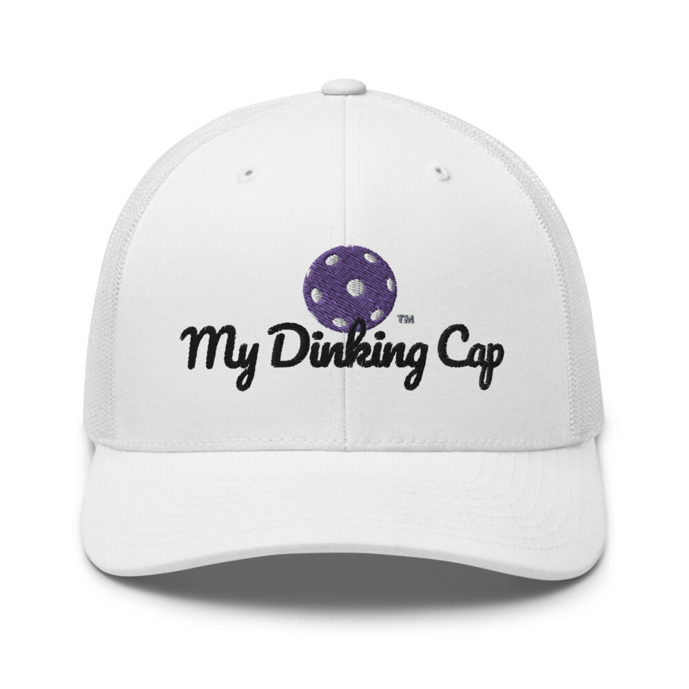 My Dinking Cap (purple & black logo) – White Snap Back Mesh Pickleball Hat/Cap