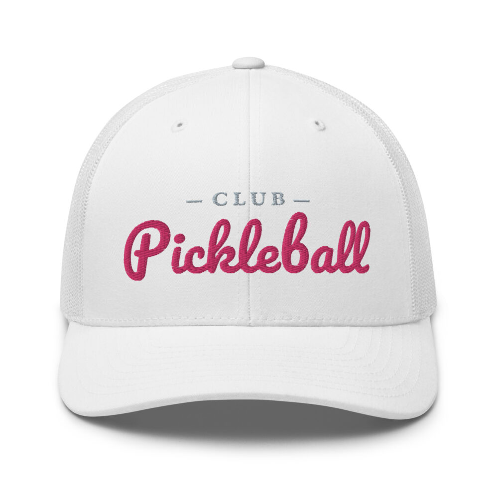 Club Pickleball Hat (flamingo & gray letters) – White Snap Back Mesh Pickleball Hat/Cap