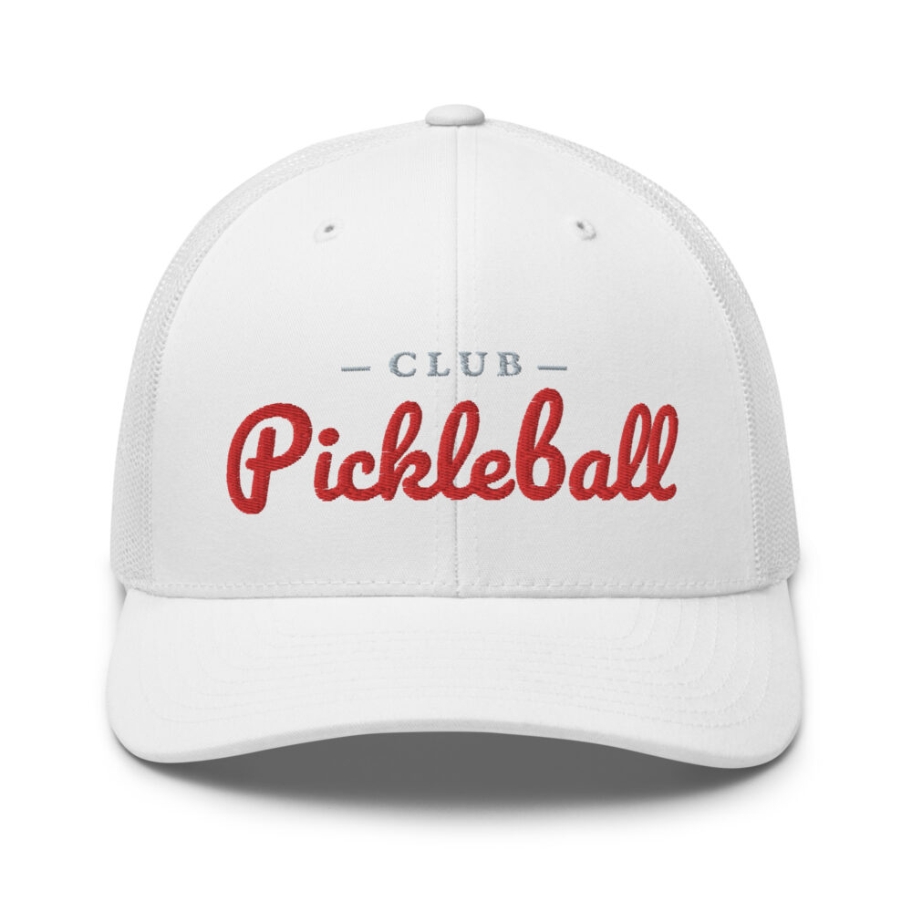 Club Pickleball Hat (red & gray letters) – White Snap Back Mesh Pickleball Hat/Cap