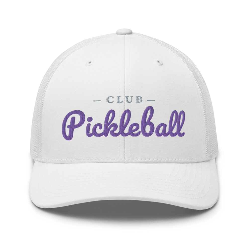 Club Pickleball Hat (purple & gray letters) – White Snap Back Mesh Pickleball Hat/Cap