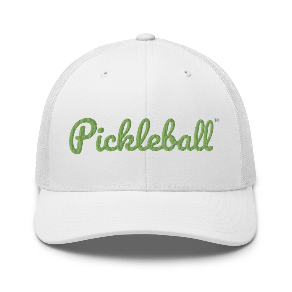 Pickleball Hat (kiwi green letters) – White Snap Back Mesh Pickleball Hat/Cap