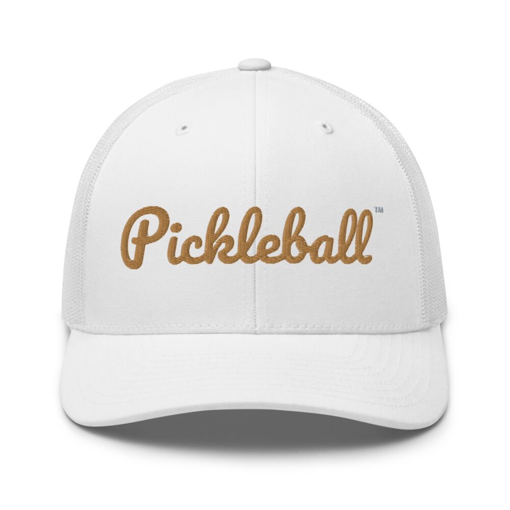Pickleball Hat (old gold letters) – White Snap Back Mesh Pickleball Hat/Cap
