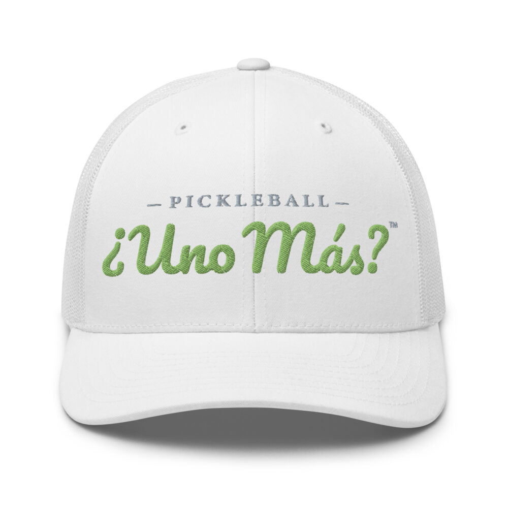 One More? (in Spanish) Pickleball Hat (kiwi green & gray letters) – White Snap Back Mesh Pickleball Hat/Cap