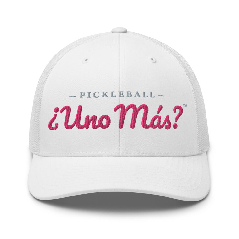 One More? (in Spanish) Pickleball Hat (flamingo & gray letters) – White Snap Back Mesh Pickleball Hat/Cap