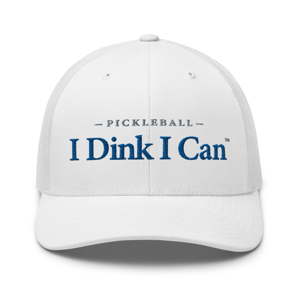 I Dink I Can Pickleball Hat (royal blue & gray letters) – White Snap Back Mesh Pickleball Hat/Cap