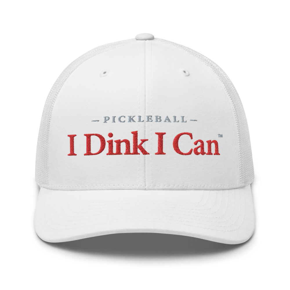 I Dink I Can Pickleball Hat (red & gray letters) – White Snap Back Mesh Pickleball Hat/Cap