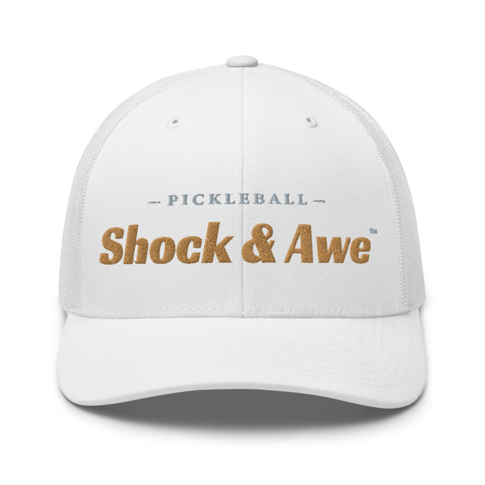 Shock & Awe Pickleball Hat (old gold & gray letters) – White Snap Back Mesh Pickleball Hat/Cap