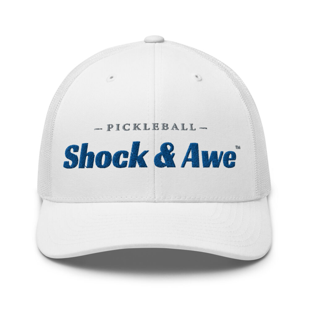 Shock & Awe Pickleball Hat (royal blue & gray letters) – White Snap Back Mesh Pickleball Hat/Cap