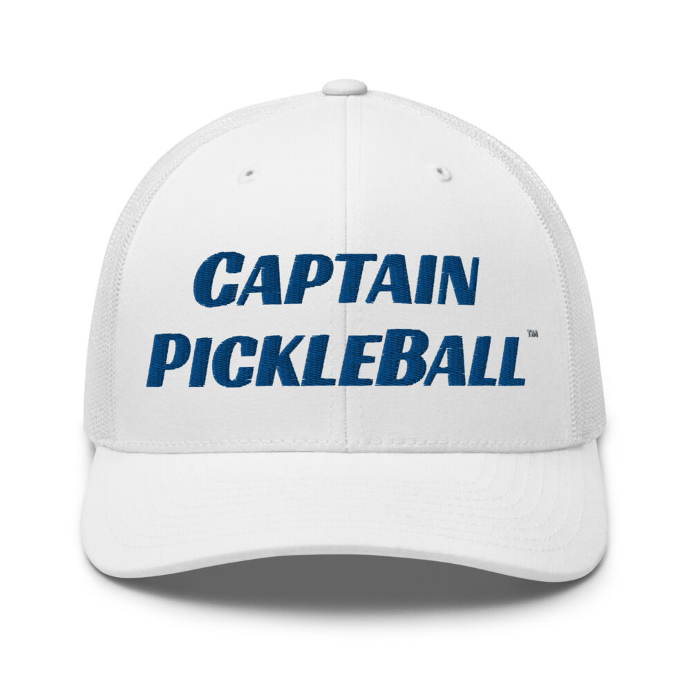 Captain Pickleball Hat (royal blue letters) – White Snap Back Mesh Pickleball Hat/Cap