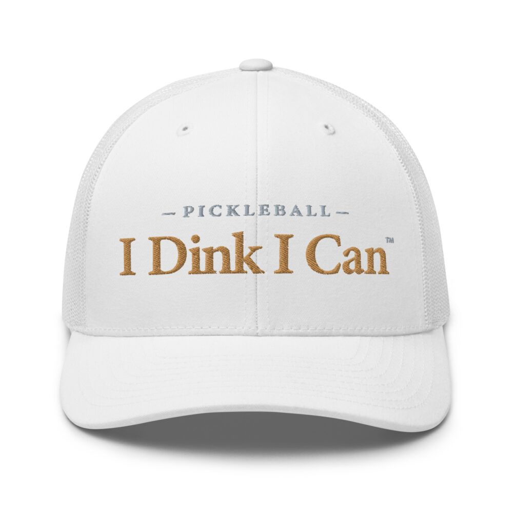 I Dink I Can Pickleball Hat (old gold & gray letters) – White Snap Back Mesh Pickleball Hat/Cap