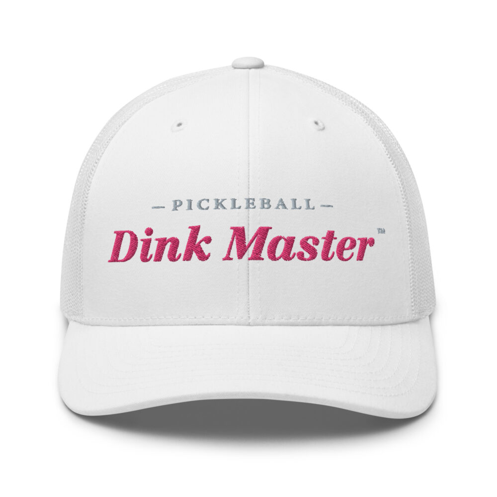 Dink Master Pickleball Hat (flamingo & gray letters) – White Snap Back Mesh Pickleball Hat/Cap