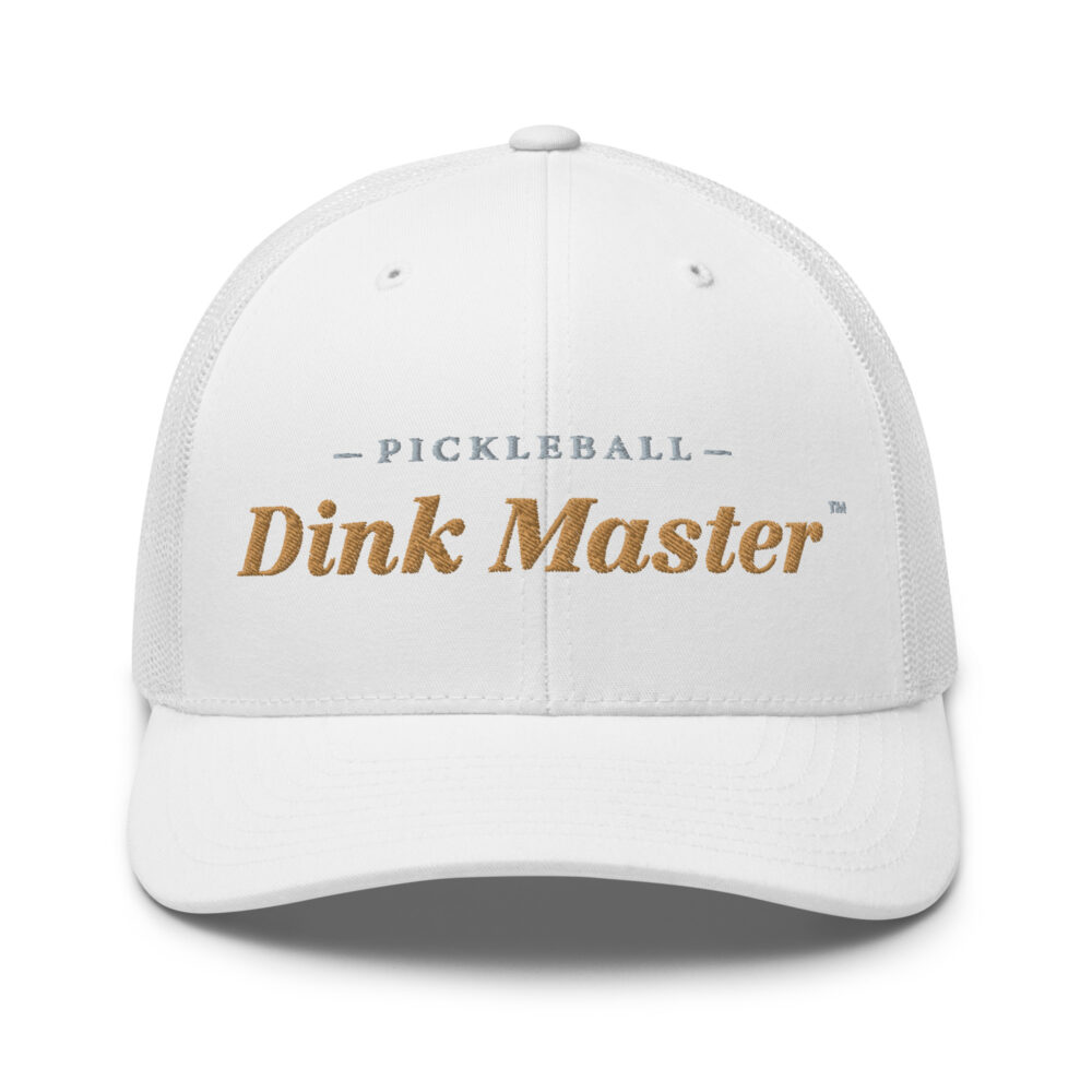 Dink Master Pickleball Hat (old gold & gray letters) – White Snap Back Mesh Pickleball Hat/Cap