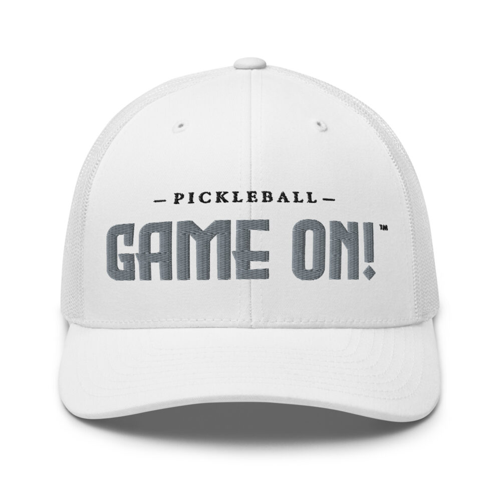 GAME On! Pickleball Hat (gray & black letters) – White Snap Back Mesh Pickleball Hat/Cap