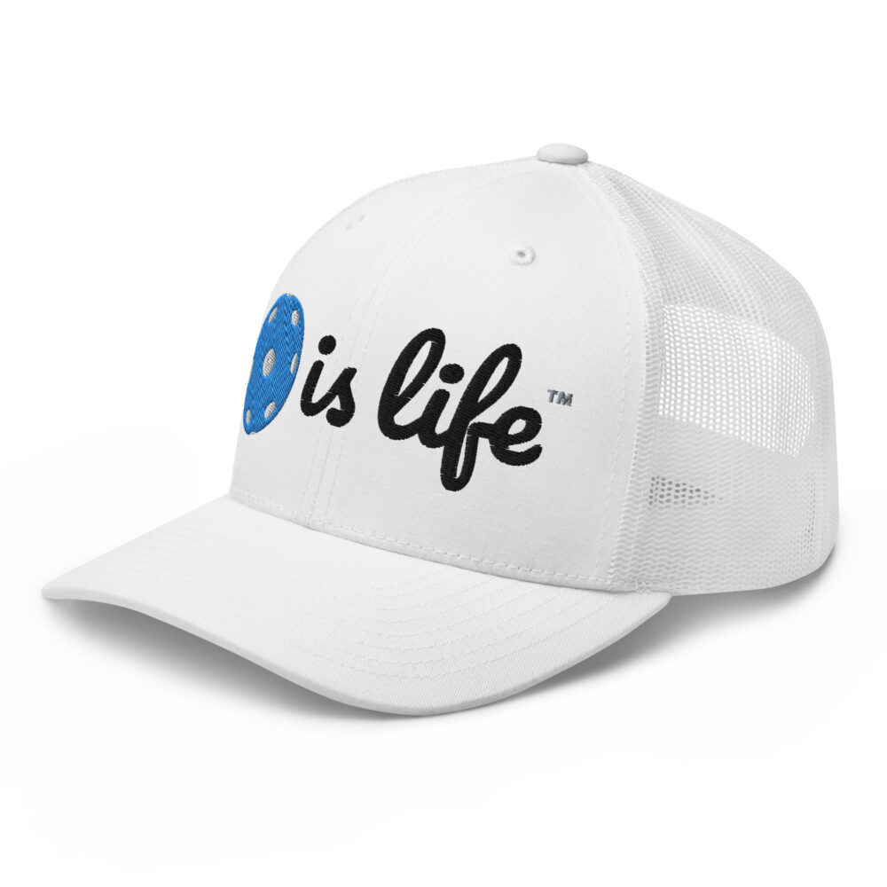 Pickleball is Life (bright blue & black logo) – White Snap Back Mesh Pickleball Hat/Cap - Image 3