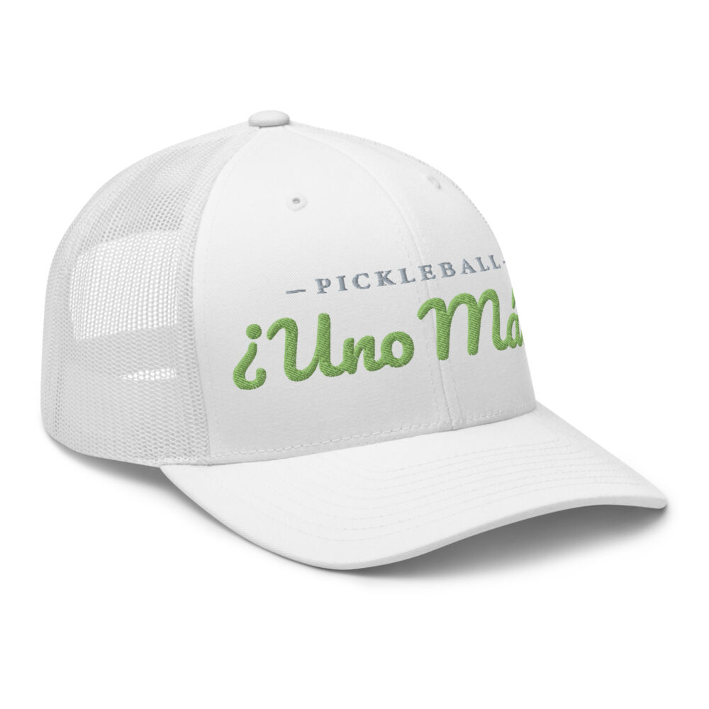 One More? (in Spanish) Pickleball Hat (kiwi green & gray letters) – White Snap Back Mesh Pickleball Hat/Cap - Image 3