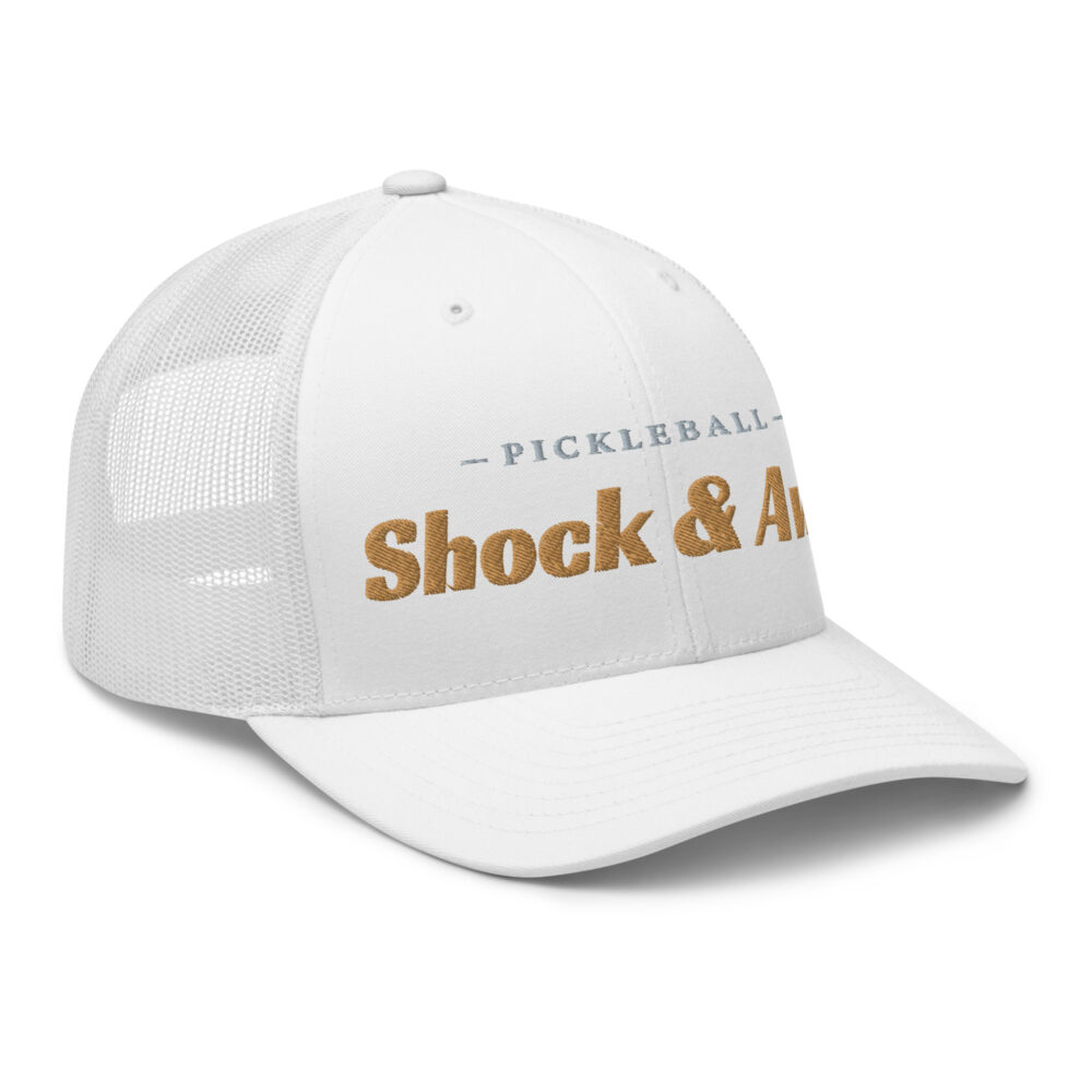 Shock & Awe Pickleball Hat (old gold & gray letters) – White Snap Back Mesh Pickleball Hat/Cap - Image 3