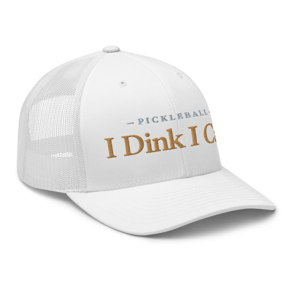I Dink I Can Pickleball Hat (old gold & gray letters) – White Snap Back Mesh Pickleball Hat/Cap - Image 3