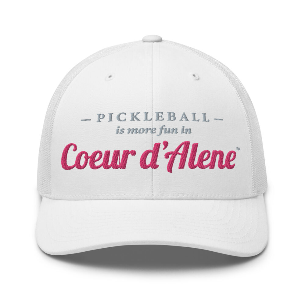 Pickleball is More Fun in Coeur d’Alene (gray and flamingo letters) – White Snap Back Mesh Pickleball Hat/Cap